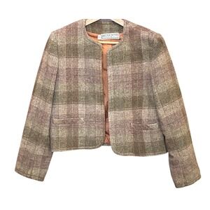 Vintage Wool Tweed Plaid Blazer Jacket Prestige Petites Collarless Classic 90s